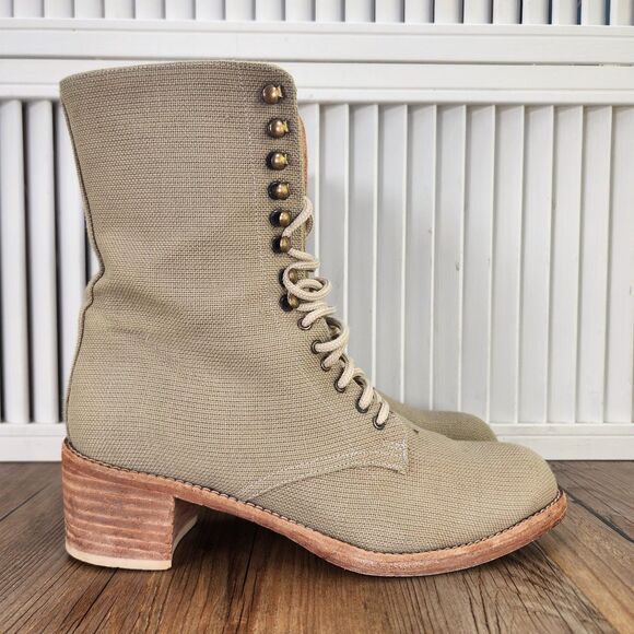 VINTAGE Colin Stuart Womens Size 8 Beige Lace Up Boho Combat Canvas Boots Chile - Picture 1 of 14